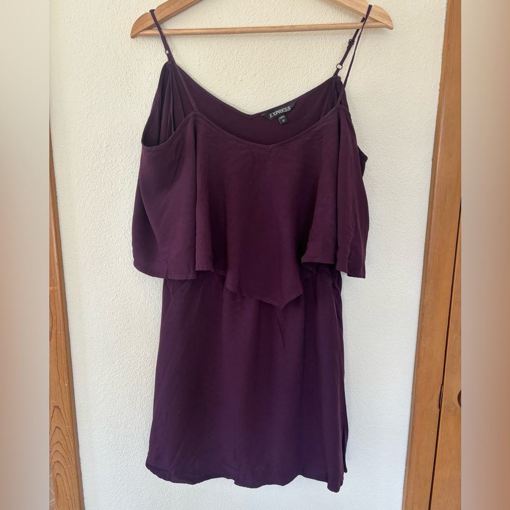 Express off-the-shoulder mini dress, deep purple color.